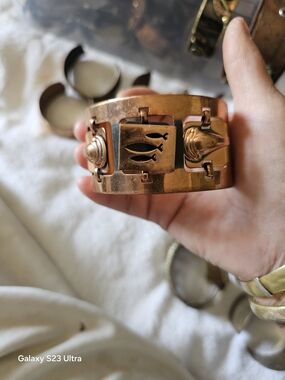Copper Tone Wide Hinged Bracelet with Fish N Shell Motif